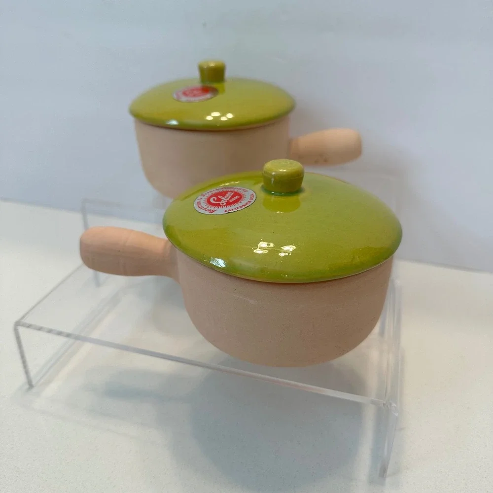 Vintage Solana‎ Ware Bergstrom & French Terracotta Lidded Soup Bowls Green Set 2